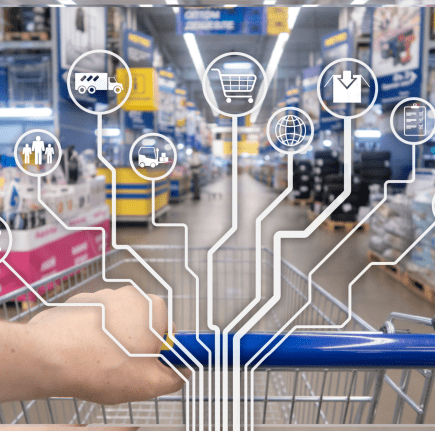 a digital overlay showing the elements of the e-commerce lifecycle and supply chain