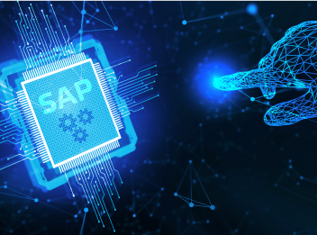 A digital photo of a webbed hand pointing to SAP software